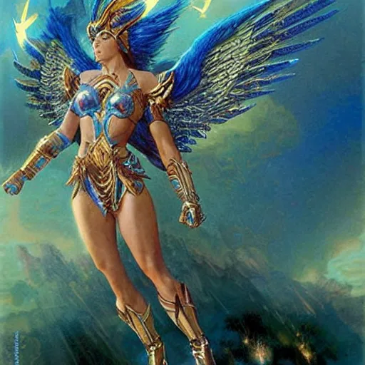 Image similar to katie perry as a trans futuristic asguardian superheroine in intricate dark seraphim warrior armor. her seraphim wings glow energy, art by gaston bussiere, craig mullins, simon bisley