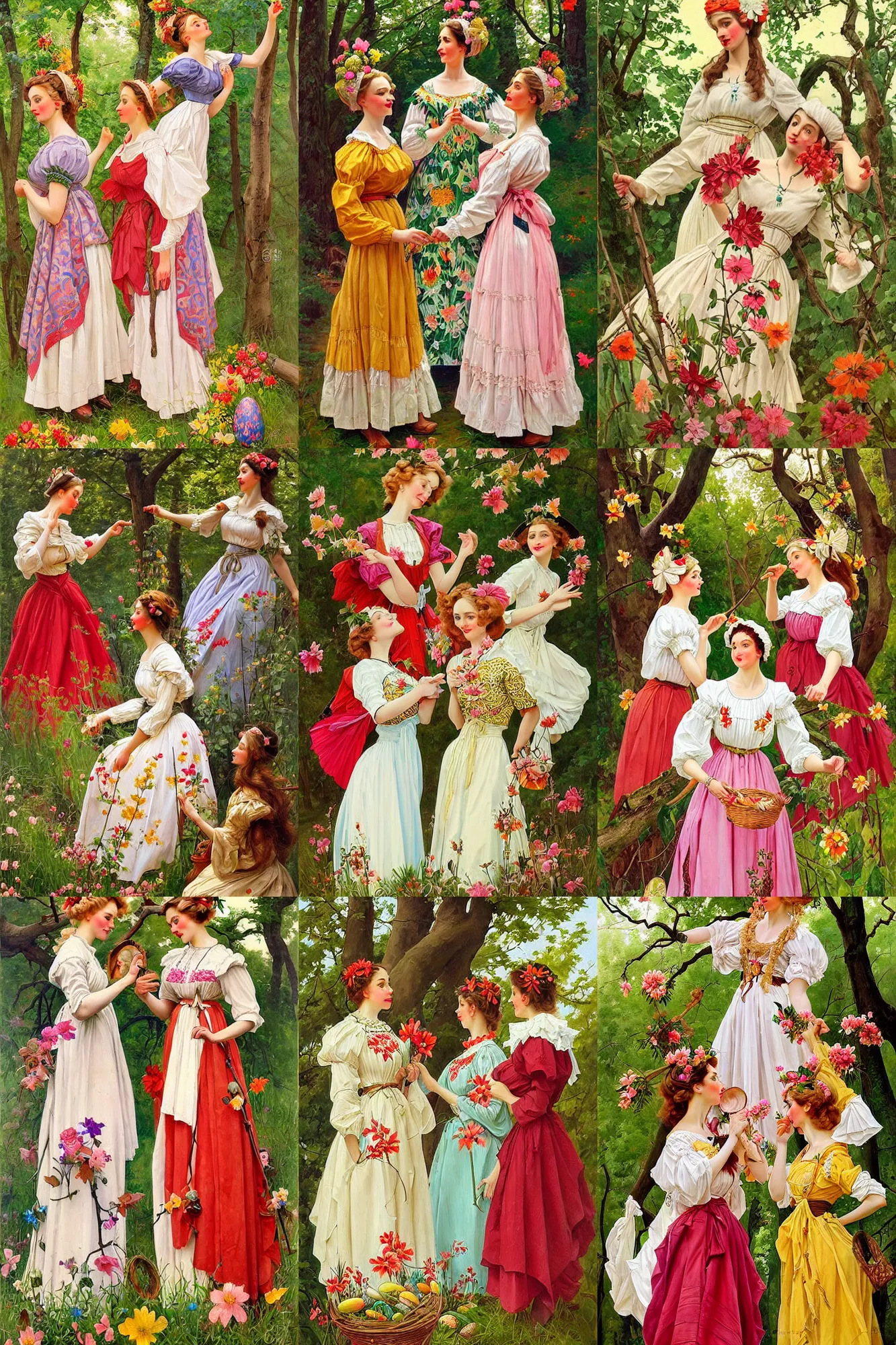 Prompt: beautiful painting of slavic women wearing folklore dresses ; in the forest gathering easter eggs and flower petals. in the style of jc leyendecker and peter paul reubens.