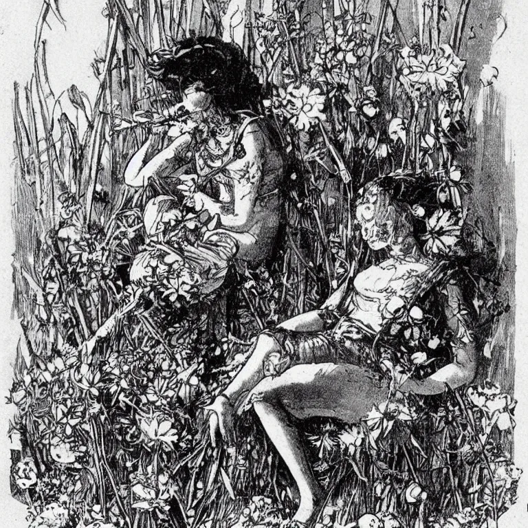 Prompt: a walther caspari illustration in lustige blatter in 1 8 9 9 of a young goddess, sitting on a conical!!!! pile! of small skulls with huge flowers on tall stalks behind her, manga style of kentaro miura
