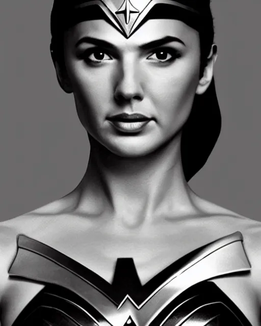 Prompt: wonderwoman portrait hd sharp monochrome noir photo with mix of gal Gadot and Linda Carter in frank Miller Alex Ross style detailed trending Leica Zeiss depth of field