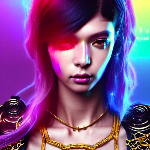 Image similar to hyperdetailed portrait of a stunningly beautiful cyberpunk cutie european girl with dark hair guard made of iridescent metals and shiny pink gems, bright rainbow nimbus, gold necklace, gold background inspired by ross tran and masamune shirow and kuvshinov, intricate, photorealistic, octane render, rtx, hdr, unreal engine, dnd digital art by artgerm