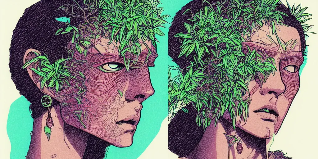 Image similar to risograph grainy drawing futuristic sci - fi antagonist face wearing earrings, photorealistic colors, face covered with plants and flowers, by moebius and satoshi kon and dirk dzimirsky close - up portrait, hyperrealistic