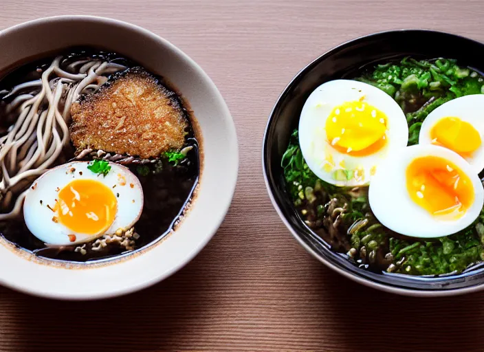 Prompt: dslr food photograph of tankatsu black ramen with a soft boiled egg, 8 5 mm f 1. 8