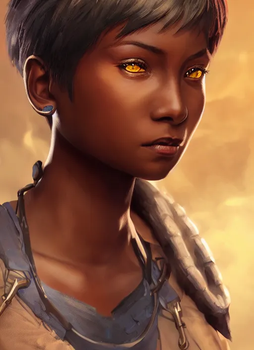 Prompt: An epic fantasy comic book style portrait painting of a young dark skinned girl with short hair dressed as a boy, unreal 5, DAZ, hyperrealistic, octane render, cosplay, RPG portrait, dynamic lighting