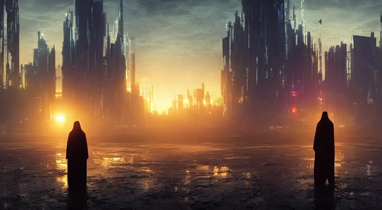 Image similar to a singular cloaked figure standing in the foreground of a cyberpunk landscape, synth, puddles, sunrise