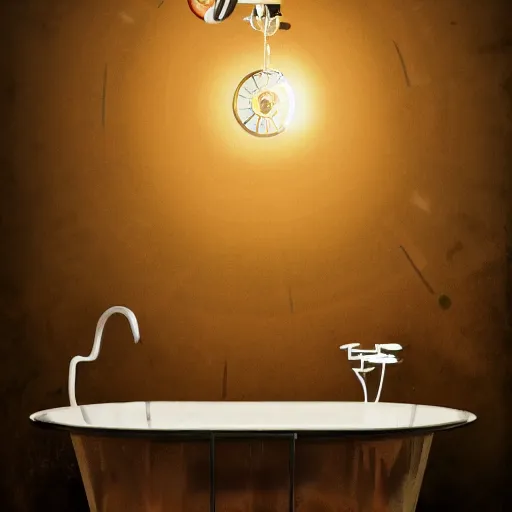 Image similar to steampunk bright tiny bathroom in the warm morning light, soap, bubbles, small perfumes, beautifully lit, painting, high resolution, trending on artstation