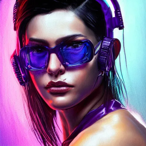 Prompt: very detailed masterpiece painting of a very beautiful wet young mexican cyberpunk woman with blue shutter shades, shaved one side haircut, dark purple hair, purple leather jacket, closeup, cyberpunk background, purple lighting, raining, portrait, artstation, concept art by greg rutkowski