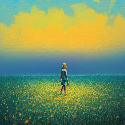 Image similar to portrait, giant dahlia flower head, girl walking between dunes, surreal photography, sunrise, blue sky, dramatic light, impressionist painting, digital painting, artstation, simon stalenhag