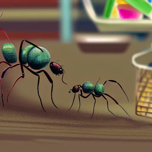 Prompt: a colorful realistic drawing of ants going grocery shopping, detailed, depth of field, 8 k render, hd