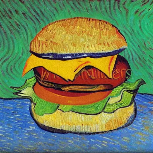 Prompt: Burger, expressionistic painting by Van Gogh