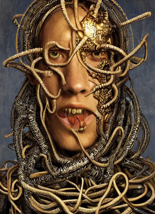 Prompt: portrait of king arthur knight medusa cyborg, kintsugi, modern fine art, fractal, intricate, elegant, highly detailed, digital photography, subsurface scattering, by jheronimus bosch and basquiat and greg rutkowski,