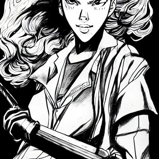 Prompt: scarlett johansson in afro samurai manga style, pencil and ink, in a bar fight