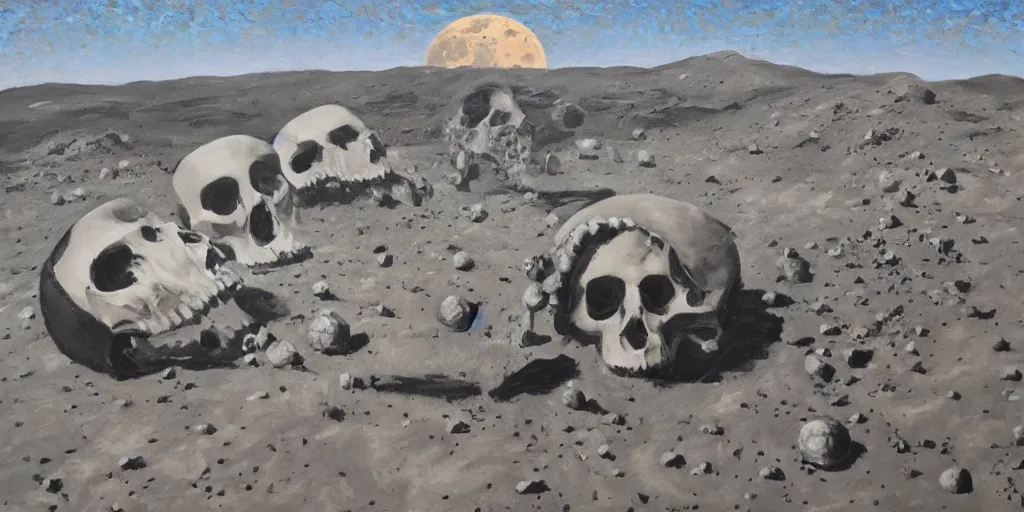 Image similar to a few giant skulls on the moon, oil on canvas