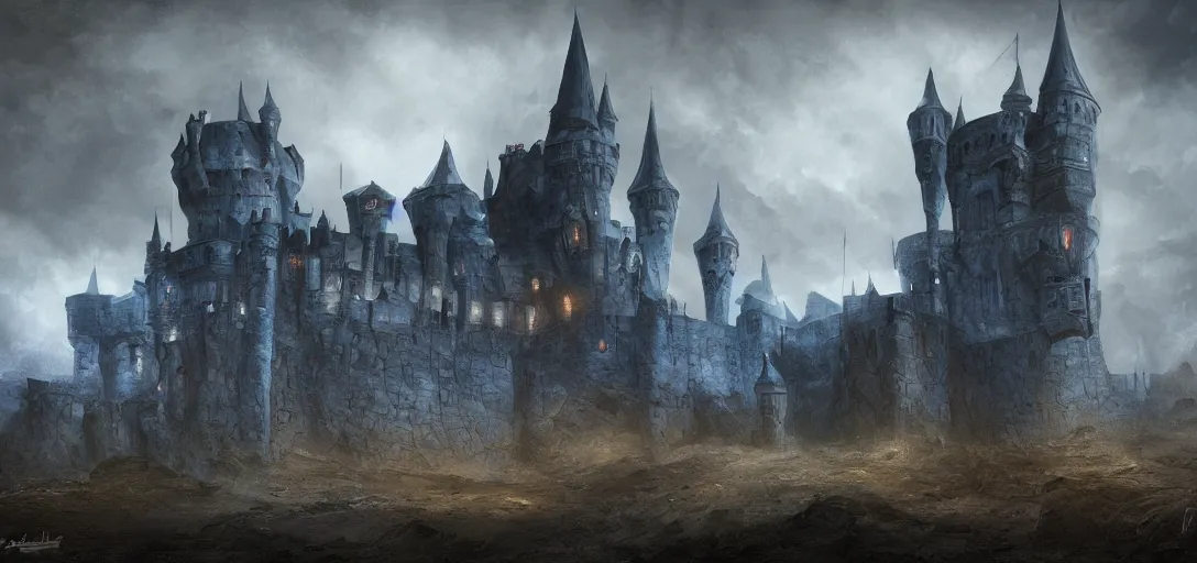 Image similar to A digital concept art painting of a dark blue medieval fantasy european ghotic castle with black brick in desert, 4K UHD image, unreal engine, Graphic Novel, Visual Novel