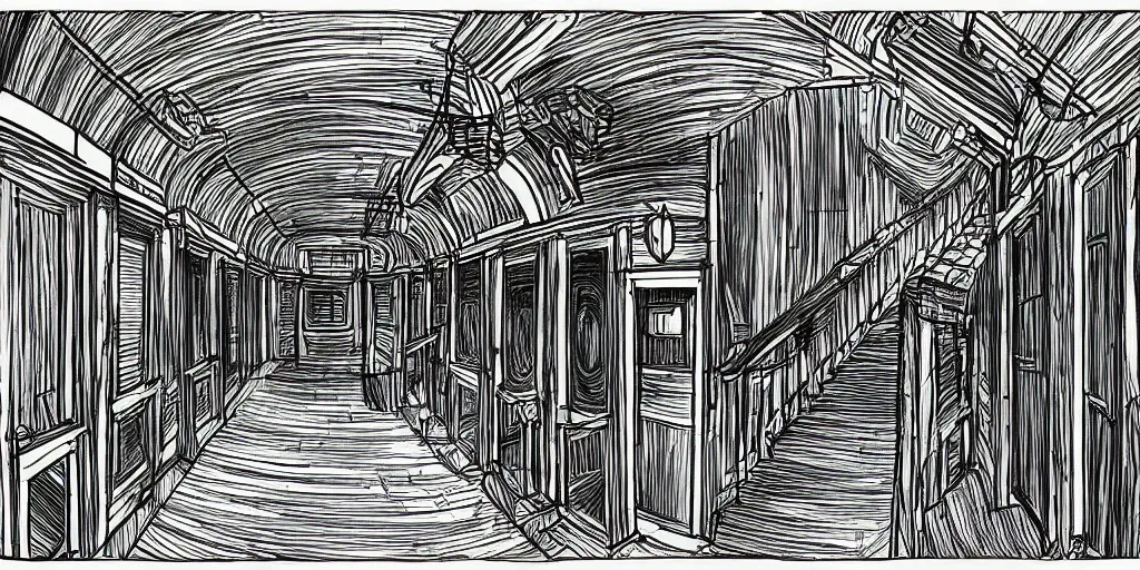 Image similar to a theater access corridor with dim lights, 3 doors, 1 staircase, color draw, day of the tentacle style, fish eye, drawn by Scott C