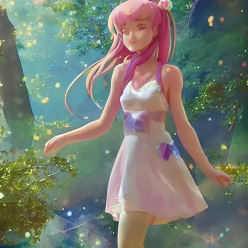 Prompt: A beautiful portrait of a magical girl from the rainbow sky paradise in the process of transforming into her magical girl outfit, character design by Goro Fujita, very beautiful background by Makoto Shinkai, Pixiv 3DCG, Daz Studio