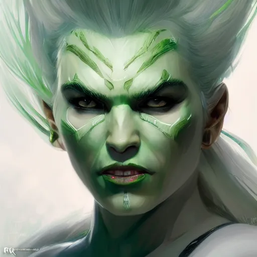 Prompt: a half-orc woman with green skin and white hair, digital art, intricate, elegant, digital painting, concept art, smooth, sharp focus, illustration, by Ruan Jia and Mandy Jurgens and Artgerm and William-Adolphe Bouguerea