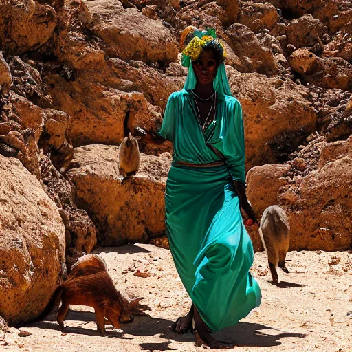 Image similar to beautiful bellidancer girl walks around Socotra among endemic plants, flowers and snags in a long transparent flowing dress and meets mystical animals, mystical insects, mystical birds, lizards, snakes, gorgeous, Atmosphere, hypnotic dimensions, mythology, Rococo, photorealism, ruan jia, steve mccurry, Zdzislaw Beksinski style, hyperrealistic, sharp focus, intricate concept art, digital painting, ambient lighting, 4k, hdt, artstation trending on Gsociety, trending on ArtstationHQ, trending on deviantart, professionally post-processed, wide-angle action dynamic portraithyperdetailed, hyper quality, 16K