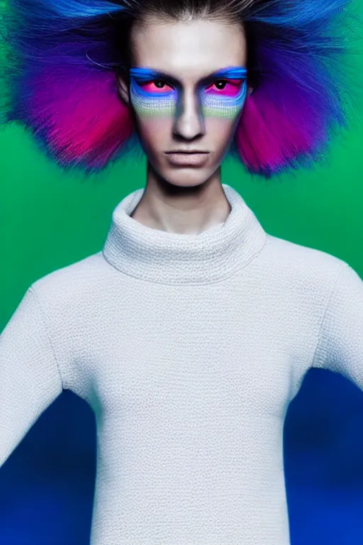 Prompt: stylish pullover for a rave bright colors, many details, photo for a magazine, photo for a store, fashion photography, Vogue, cinematic, hyper realism, high detail, 8k, very coherent symmetrical work, perfect face model, full length photo, Upper and lower body, white eyes, photographer style by Nik Night Erik Madigan Hec and Walter Chin and Camilla Akrans and Miles Aldridge