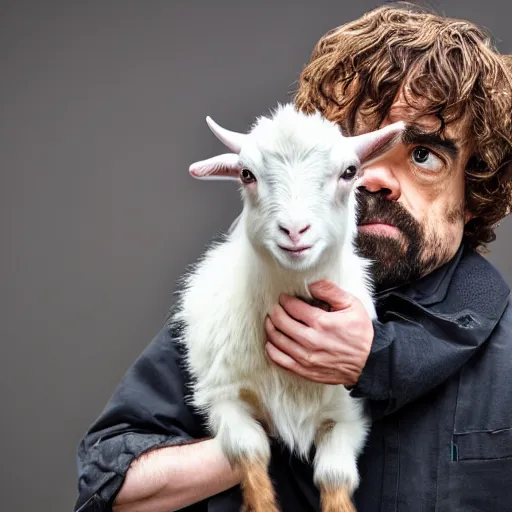 Prompt: peter dinklage holding a baby goat, ( sony a 7 r iv, symmetric balance, polarizing filter, photolab, lightroom, 4 k, dolby vision, photography awardm, voque, perfect face )