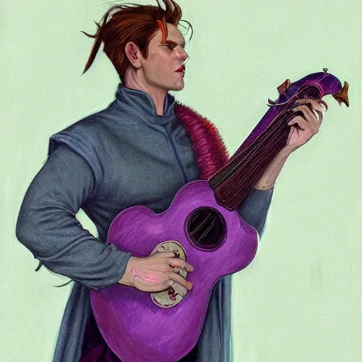 Prompt: portrait of a male tiefling with purple skin with curled horns, looking like James Dean, playing the lute in a crowded tavern, warm lighting, D&D, fantasy, intricate, elegant, highly detailed, digital painting, artstation, concept art, smooth, sharp focus, illustration, art by artgerm and greg rutkowski and alphonse mucha