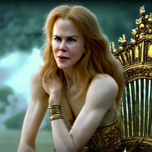 Image similar to cinematic scene with a 2 0 year old nicole kidman on a majestic throne as the goddess of war, dramatic, small details, volumetric lighting, still frame