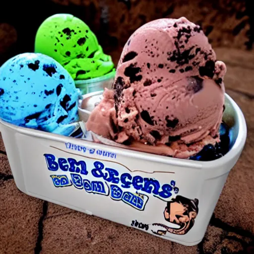 Prompt: ice cream of the macabre skin and bones flavour, ben and jerrys container, product, flesh, blood, evil, horror