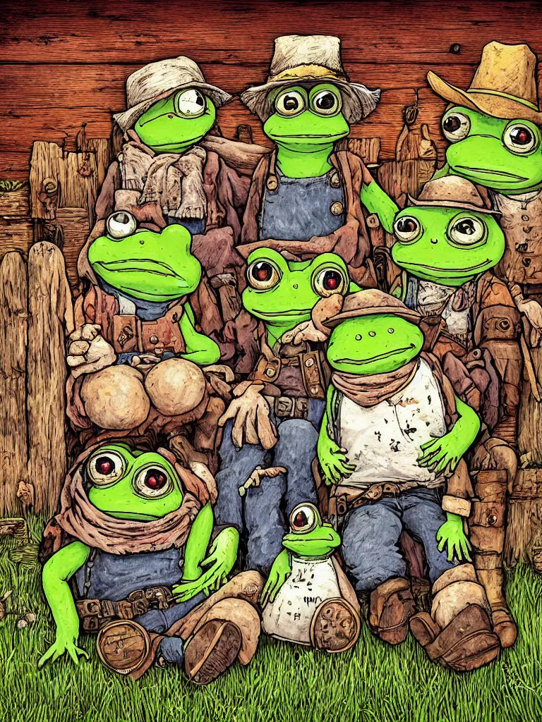 Prompt: resolution hyper realistic rustic weathered background happiness of pepe love and life made in abyss hallows peace and love read dead redemption 2 pepe the frog happy among family in a field sitting for a supper the value of love a clear prismatic sky, edge of nothingness love, warm ,Luminism, prismatic , fractals , pepe the frog , art in the style of Akihito Tsukushi and and Arnold Lobel , claymation