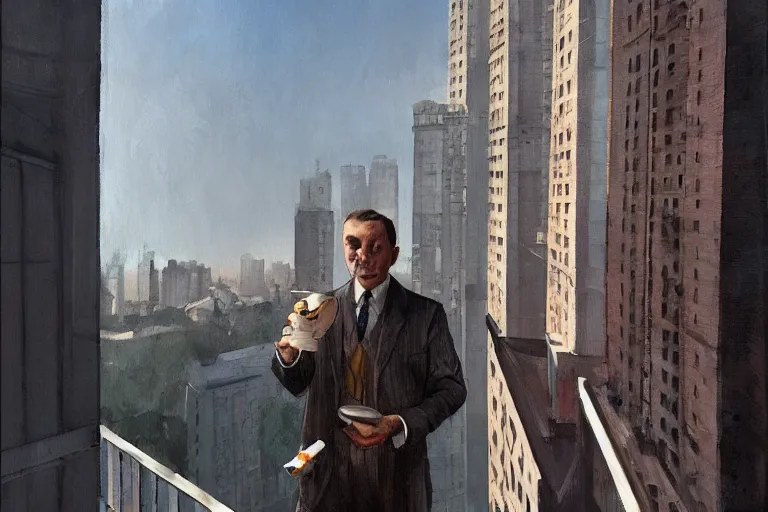 Prompt: Mikhail Bulgakov stands on the balcony of a high-rise building with a cup of coffee in his hands, hyperrealistic art, sunlight, artstation, color painting