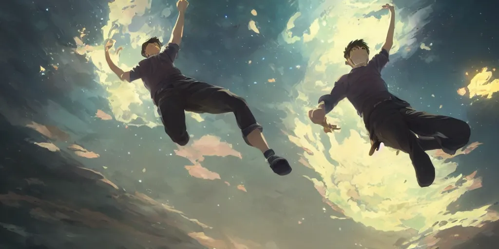 Image similar to concept art painting of a man falling eternally in the universe, realistic, detailed, cel shaded, in the style of makoto shinkai and greg rutkowski and james gurney