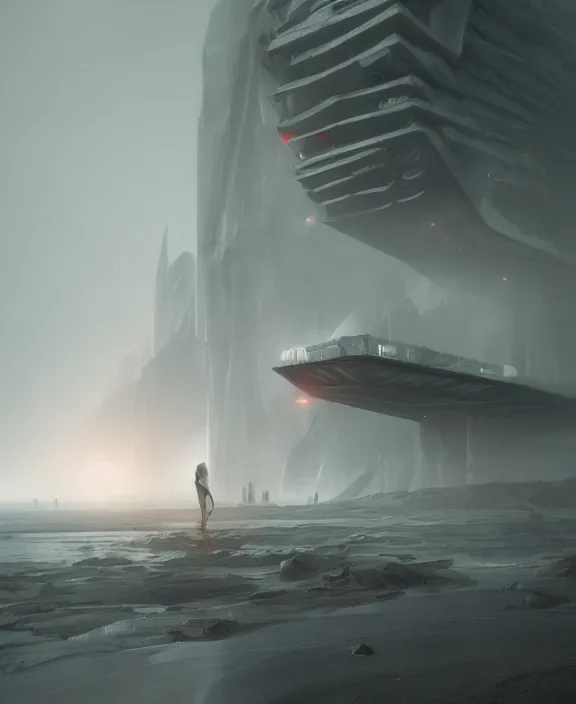 Image similar to surreal romantic prometheus horizontal white exploration base, red laser, building architecture by ruan jia, futuristic, blame, white architecture in the beach in iceland, foggy, highly detailed, digital painting, arstation, concept art, hyperealistic octane render, unreal engine