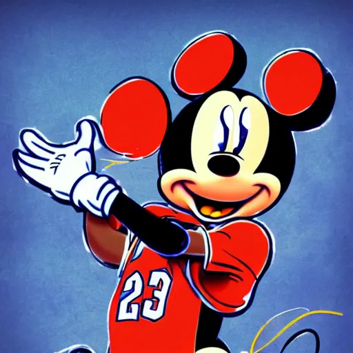 Prompt: Mickey Mouse dunking on Lebron James digital art