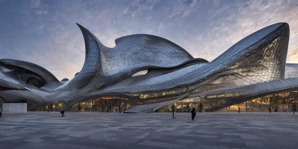 Image similar to extremely detailed ornate stunning sophisticated beautiful elegant futuristic museum exterior by Zaha Hadid, Milan buildings in the background, stunning volumetric light, stainless steal, concrete, translucent material, beautiful sunset, tail lights