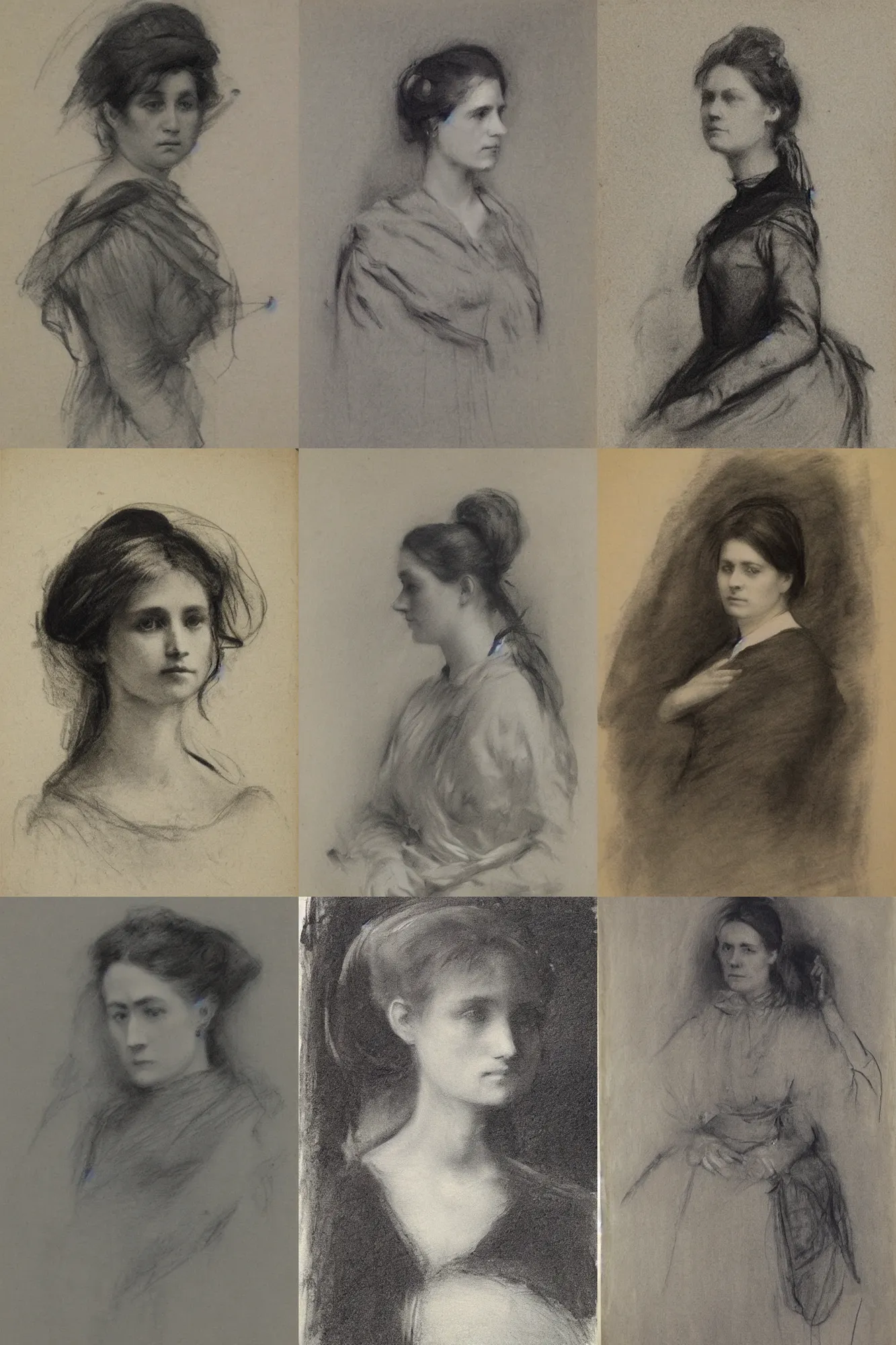 Prompt: a beautiful clean charcoal drawing portrait on newsprint of a victorian woman in 1 8 8 0, very detailed by john singer sargent