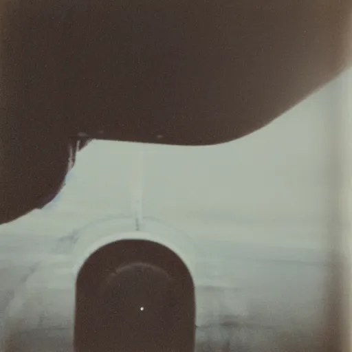 Prompt: lovecraftian alien ship seen from perspective of airplane window, real Polaroid photograph