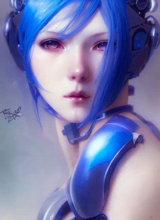 Image similar to beautiful anime cyborg woman, blue hair, blue light, diffuse lighting, fantasy, intricate, elegant, highly detailed, lifelike, photorealistic, digital painting, artstation, illustration, concept art, smooth, sharp focus, art by John Collier and Albert Aublet and Krenz Cushart and Artem Demura and Alphonse Mucha