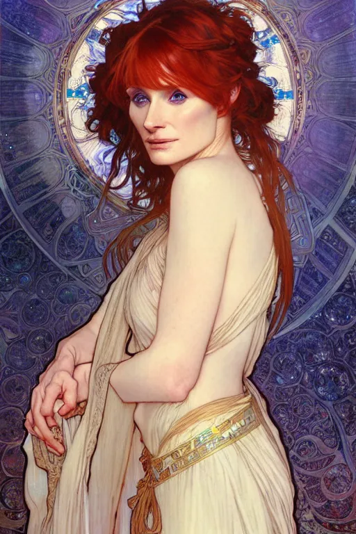 Prompt: realistic detailed full portrait of Bryce Dallas Howard in flowing robes by Alphonse Mucha, Ayami Kojima, Amano, Charlie Bowater, Greg Hildebrandt, Jean Delville fertile, fecund, smooth, detailed fabric