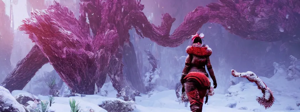 Image similar to explorer woman walking in animal fur armour, walking in a dense alien snow covered frosty jungle, with snow covered colourful red, blue and purple plants, large vines, snow covered arched organic rock structures, in the style of monster hunter world, like concept art on artstation, hyperdetailed, vray render, octane render,