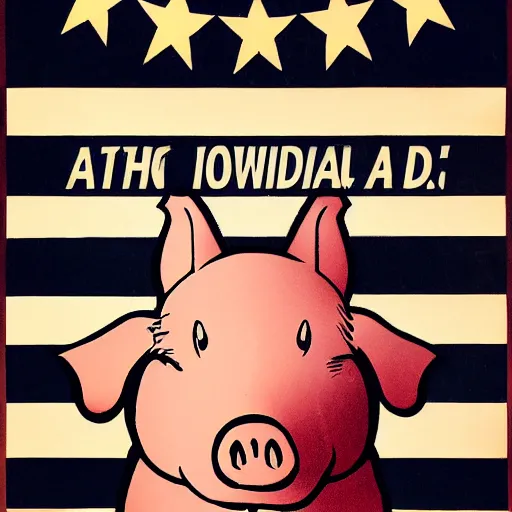Prompt: propaganda poster with a cartoon pig as the centerpiece