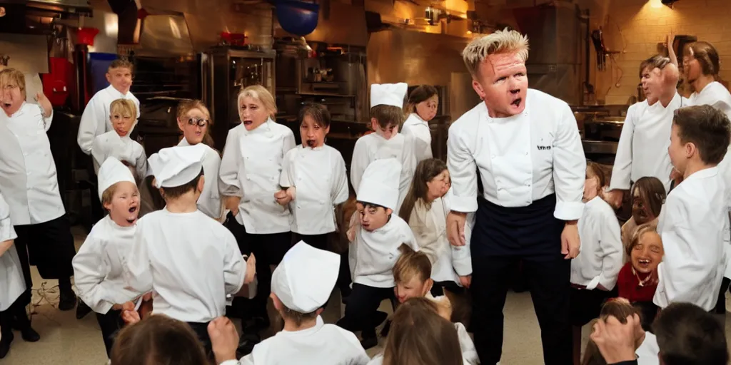 Image similar to gordon ramsay shouting at children, 8 k uhd, widescreen