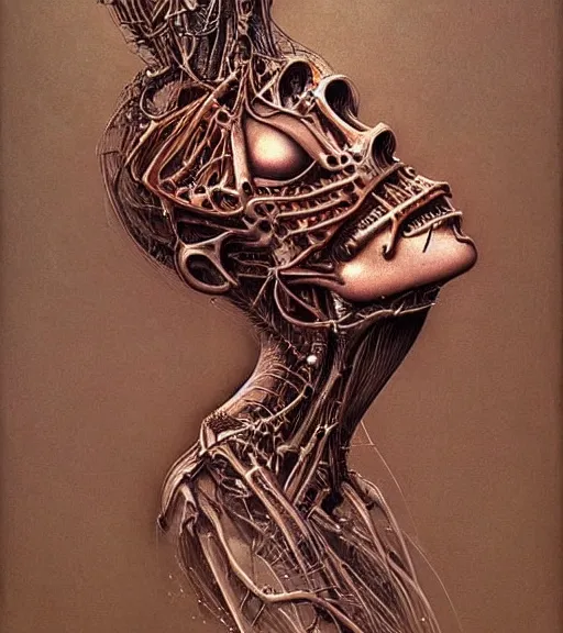 Image similar to beautiful portrait of biomechanical woman by zdislaw beksinski, beautiful, masterpiece, award - winning, complex
