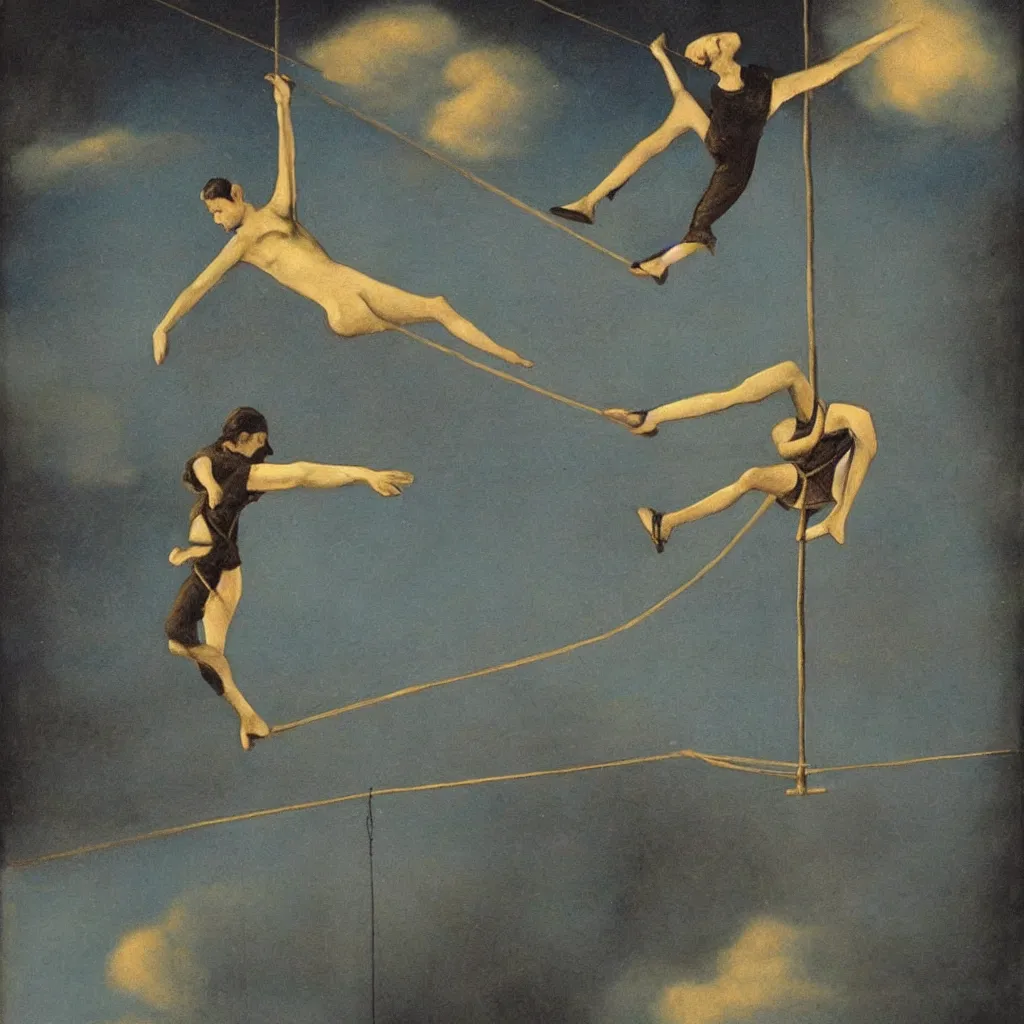 Prompt: a tightrope walker falling down. artwork, surrealist, metaphysical, metaphorical, ephemeral, atmospheric, symbolic art.