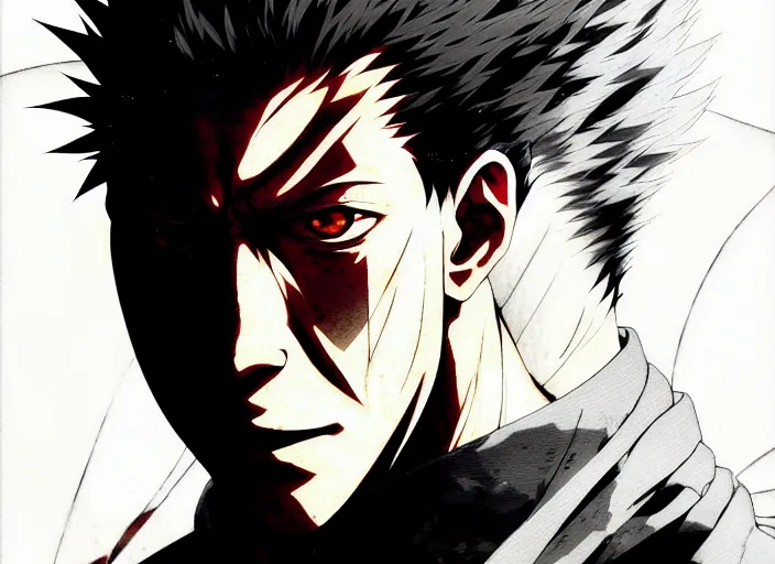 Prompt: a anime portrait of a man, close up, jujutsu kaisen!! finely detailed features, sharp focus, perfect art, scenic background, intricate, anime, illustration, artstation, trending on pixiv fanbox, painted by greg rutkowski, studio ghibli, yoji shinkawa, mappa