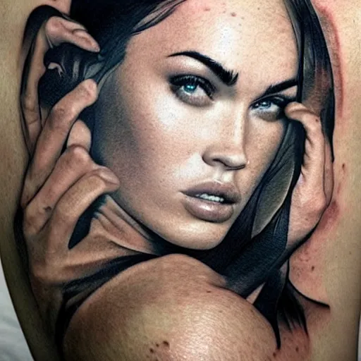 Image similar to hyper realistic tattoo sketch of megan fox face double exposure effect with a mountain scenery, in the style of matteo pasqualin, amazing detail, sharp
