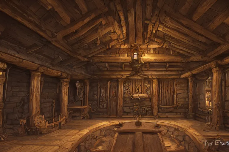 Image similar to Viking king\'s hall, ornate wood, by Tyler Edlin