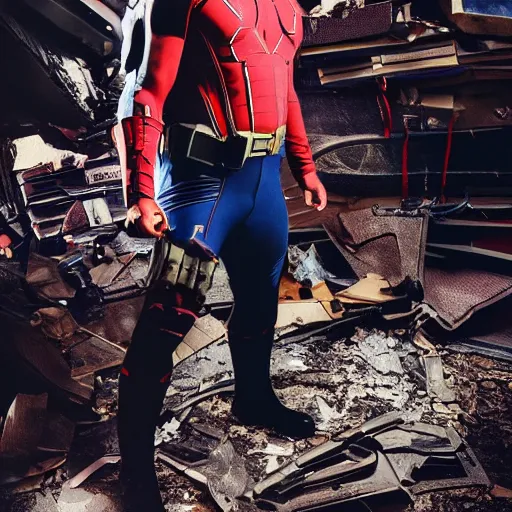 Prompt: photograph of a man wearing modern superhero costume. tactical outfit. dark colors. partially destroyed. tattered. old. 4 k. highly detailed. film still. cinematic lighting.