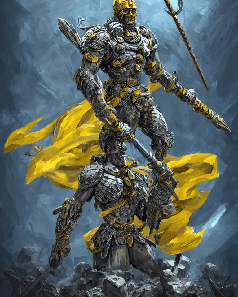 Image similar to a distant shot of one!!!!! single super soldier with blue and yellow flag and a trident symbol standing alone on a huge pile of skulls as a winner, masculine figure, D&D, fantasy, intricate, elegant, highly detailed, extremely detailed, digital painting, artstation, concept art, matte, smooth, sharp focus, illustration, art by Artgerm and Greg Rutkowski and Alphonse Mucha