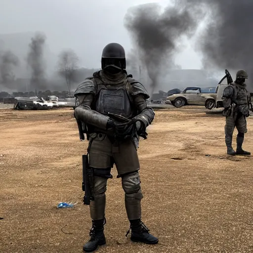 Image similar to British mercenaries wearing grey body armor with grey helmets smoking cigarettes in the aftermath of a bloody battle, photo by Adam Ferguson, Pulitzer Winning, cinematic composition, breathtaking, modern, 2022