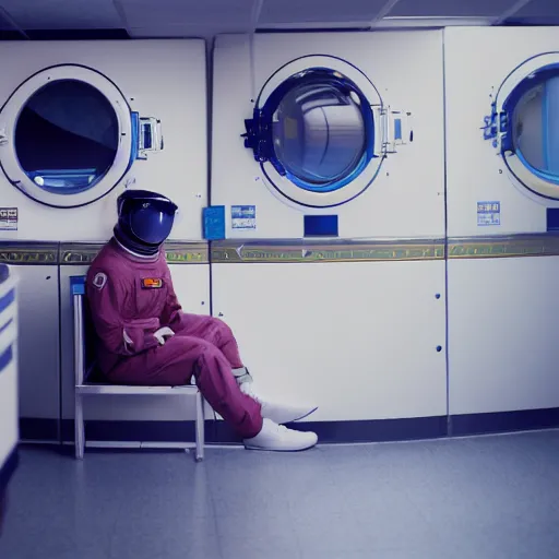 Image similar to a beautiful photo of an astronaut waiting in a laundromat, soft light, morning light, photorealistic, realistic, octane, 8k, cinematic shot