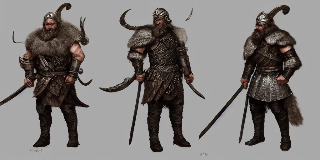 Image similar to three different views of a viking in armour, concept art by senior character artist, trending on artstation, artstation hd, full body